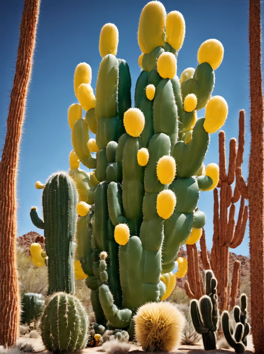 (Portrait shot, ultra-detailed, best quality, photorealistic:1.37, 4k, realistic, photography, an inflated cacti forest made by small inflated cacti, soft reflections, in Arizona desert, blue sky with clouds, vibrant colours, 35mm) in the style of Jeff Koons