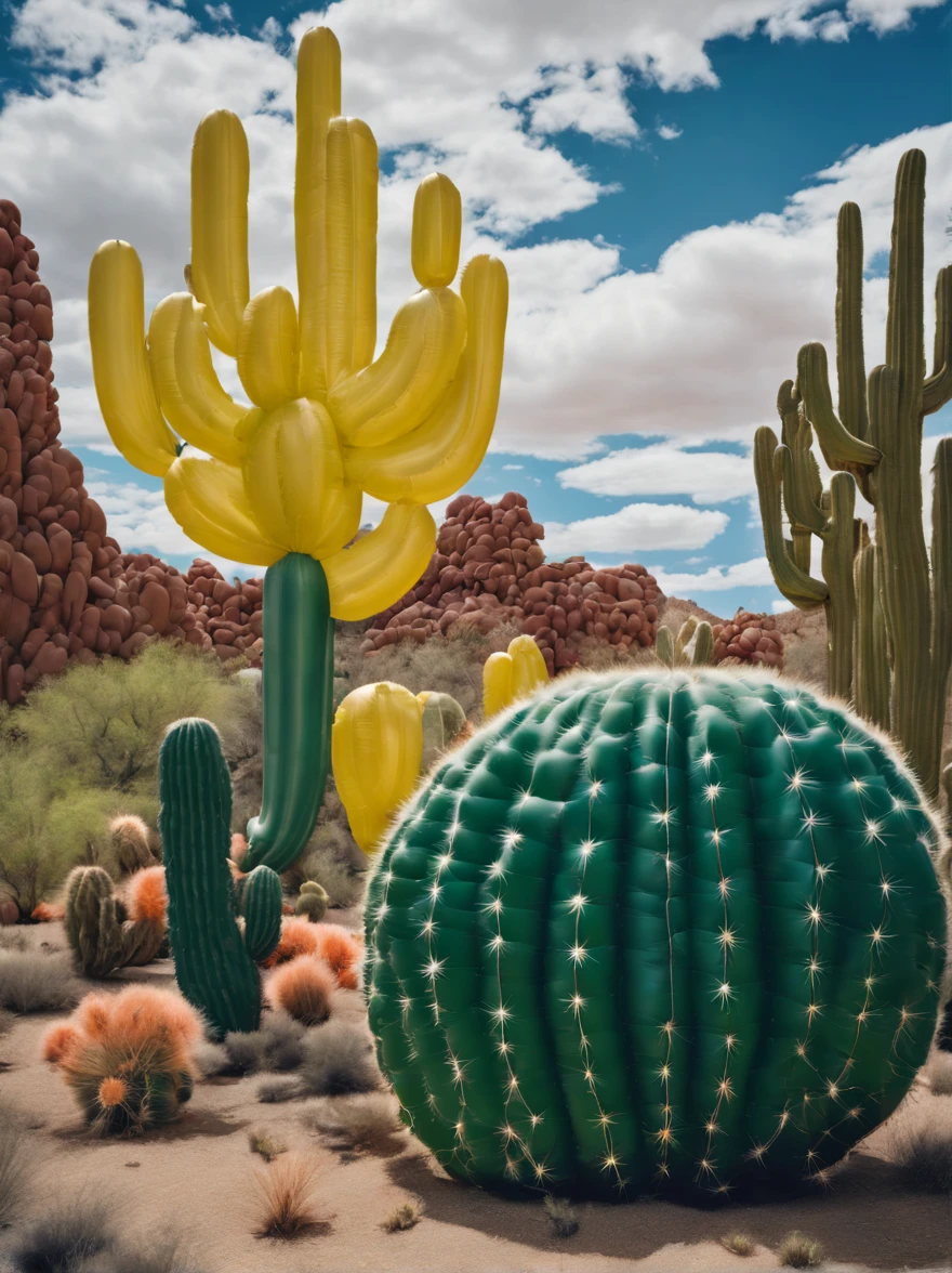 (Portrait shot, ultra-detailed, best quality, photorealistic:1.37, 4k, realistic, photography, an inflated cacti forest made by small inflated cacti, soft reflections, in Arizona desert, blue sky with clouds, vibrant colours, 35mm) in the style of Jeff Koons