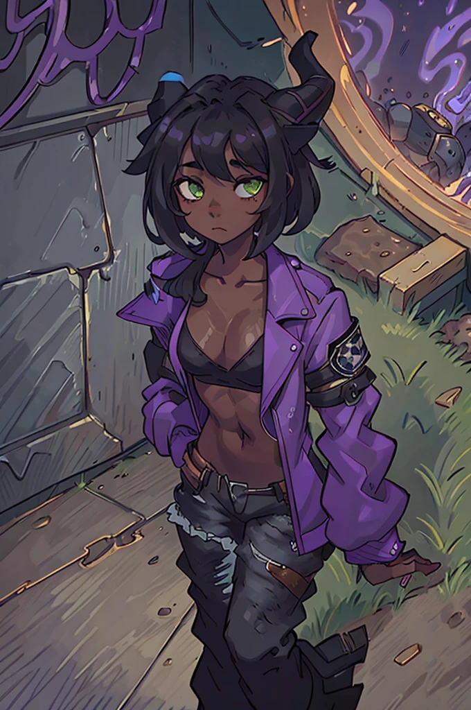 (Masterpiece) (High Detail) (High Res) (Black Skin) Looking from above A young black humanoid FutEred with dark skin and ebony flesh and green eyes and short black hair and goat ears and short dark goat horns and a toned body and small to average breasts dressed like a punk wearing a purple jacket and black jeans with her hand down her pants