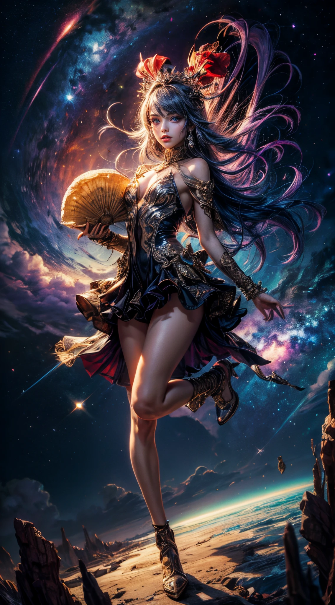 Pretty Brazilian  girl with glowing eyes, long flowing hair, dark brown hair, photorealistic, 4K, light coloured eyes, extremely detailed eyes and lips, heeled leather boots, fantasy wizard, cute face, beautiful eyes, long eyelashes, (flat chest, makeup, pink lips, skinny), ((magical multicoloured blanket wrapped around body, open chest)), (arms in the air casting magic), fantasy background, on a beach with a glowing lake, at midnight, dark night sky with swirling stars, swirling luminescent clouds, (determined stance, legs wide), bright vivid colours, 
