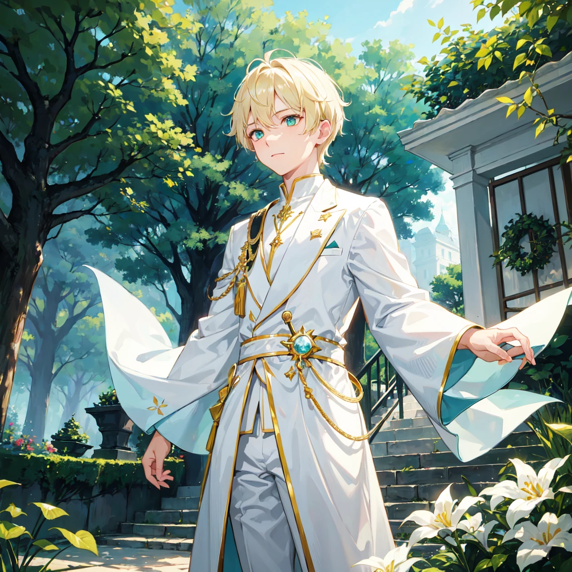 1 boy,short blonde hair,glowing emerald  eyes,wearing white regal attire,garden background,daytime