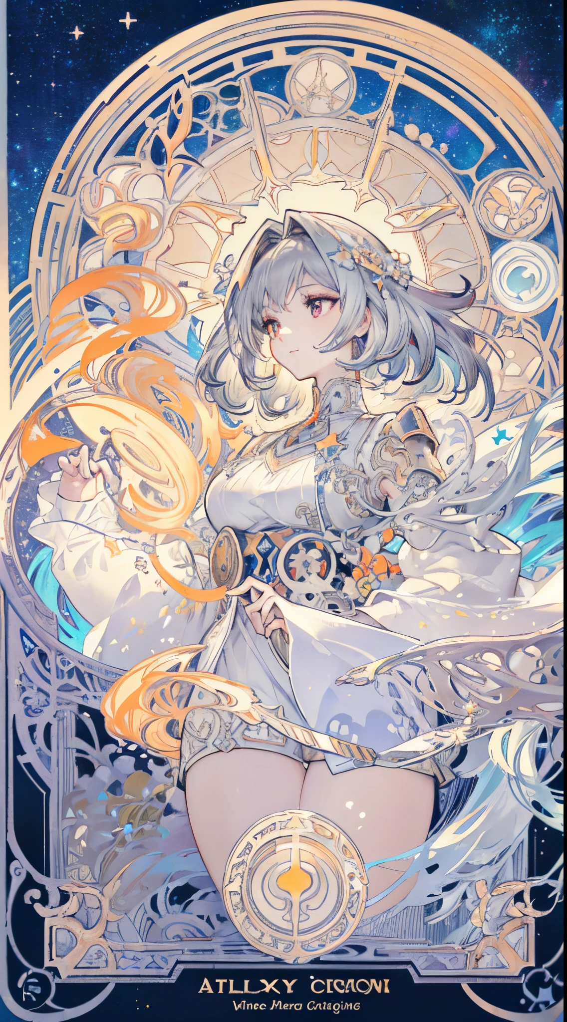 (thick thighs), (Curvy), Sexy, (Gray Hair), (Orange Eyes,) (Glowing Eyes,) 1 girl, Pale Skin, (Two-Tone Eyes), Eyelashes, Smile, Gleaming Skin, Shiny Hair, Long Hair, looking at you, anime, beautiful anime eyes, beautiful detailed eyes, eyes, glittering eyes, (Neon),(White Fencing Outfit, Detailed Outfit), Angelic, Halo, Flowers, (Galaxy, cloud, Starry, stars,colorful), (Sleepy Eye), Decorative panels， abstract artistic， Alphonse Mucha （masterpiece， best quality， A detailed， Complicated details， 4K， Color splattering， Line art， Fibonacci， （tarot cards），Cards, Slim card border