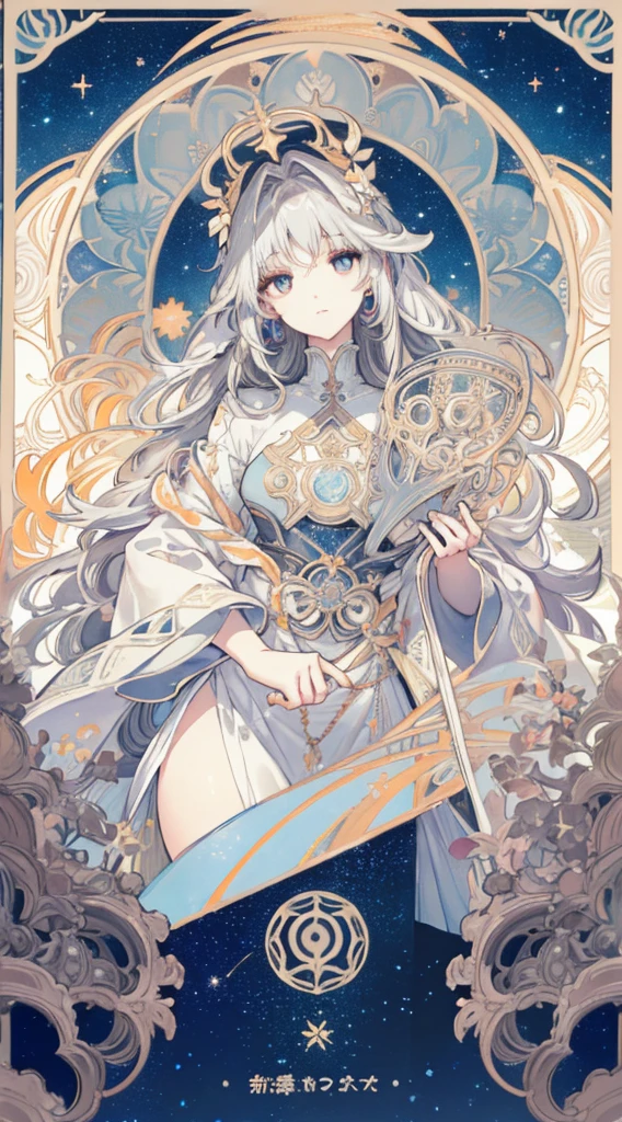 (thick thighs), (Curvy), Sexy, (Gray Hair), (Orange Eyes,) (Glowing Eyes,) 1 girl, Pale Skin, (Two-Tone Eyes), Eyelashes, Smile, Gleaming Skin, Shiny Hair, Long Hair, looking at you, anime, beautiful anime eyes, beautiful detailed eyes, eyes, glittering eyes, (Neon),(White Fencing Outfit, Detailed Outfit), Angelic, Halo, Flowers, (Galaxy, cloud, Starry, stars,colorful), (Sleepy Eye), Decorative panels， abstract artistic， Alphonse Mucha （masterpiece， best quality， A detailed， Complicated details， 4K， Color splattering， Line art， Fibonacci， （tarot cards），Cards, Slim card border
