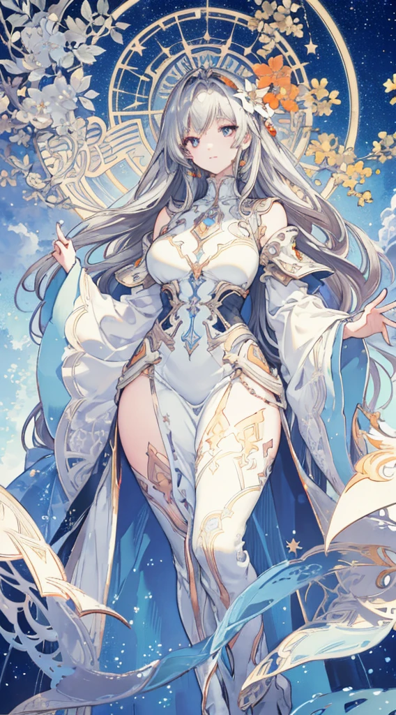 (thick thighs), (Curvy), Sexy, (Gray Hair), (Orange Eyes,) (Glowing Eyes,) 1 girl, Pale Skin, (Two-Tone Eyes), Eyelashes, Smile, Gleaming Skin, Shiny Hair, Long Hair, looking at you, anime, beautiful anime eyes, beautiful detailed eyes, eyes, glittering eyes, (Neon),(White Fencing Outfit, Detailed Outfit), Angelic, Halo, Flowers, (Galaxy, cloud, Starry, stars,colorful), (Sleepy Eye), Decorative panels， abstract artistic， Alphonse Mucha （masterpiece， best quality， A detailed， Complicated details， 4K， Color splattering， Line art， Fibonacci， （tarot cards），Cards, Slim card border