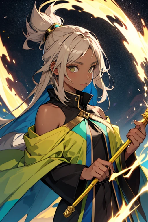 28 years old an she has light brown shoulder-length hair, gray eyes, and black skin. she wears earth wizard clothes with colors of yellow and green. she has a wand