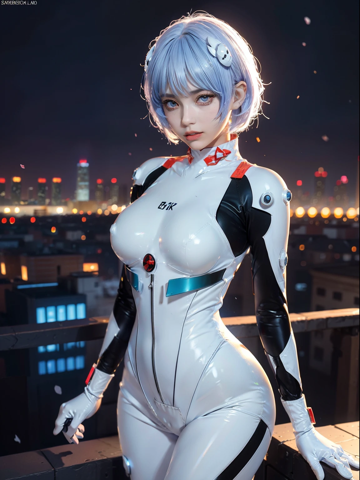 (actual, realisticlying), ayanami_beautiful, 1个Giant Breast Girl, blue short hair, white hair ornament, ((White jumpsuit, mitts)), upper legs, The upper part of the body,(cow boy shot),(tmasterpiece, high qulity, Best quality at best), (Colorful),(delicate eyes and face), volumettic light, Ray traching, extremely detaild的 CG unified 8k wallpapers,Alone((Fly petals)),Outdoor activities, ((cyber punk perssonage)), Digital City, ((neon trim)), the night,(view over city),