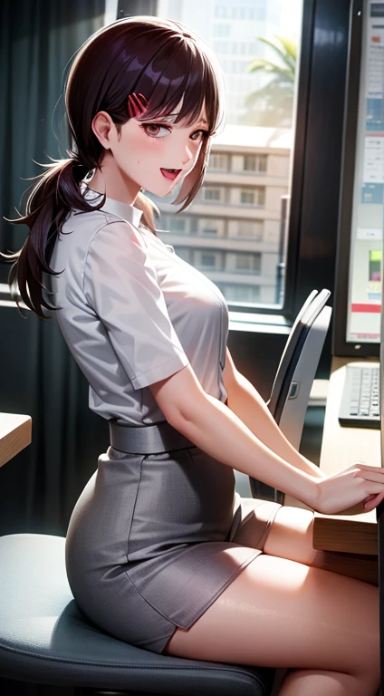 An adult woman sitting on a chair in front of a laptop computer, Office Clothes, Wearing a blouse, wearing in shirt, in a white shirt, Korean Woman, Wearing a white blouse, businesswoman, business clothes, B－bra bikini women, T back, Korean Girl, Laughing,4K super high brush,
