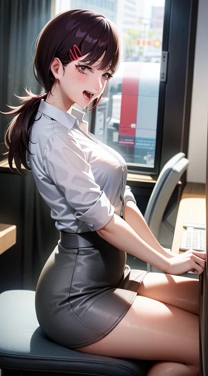 An adult woman sitting on a chair in front of a laptop computer, Office Clothes, Wearing a blouse, wearing in shirt, in a white shirt, Korean Woman, Wearing a white blouse, businesswoman, business clothes, B-bra bikini women, T back, Korean Girl, Laughing,4K super high brush,