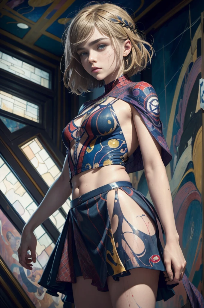chloë grace moretz、Sticking out the navel、newyork、She wears a torn Spider-Man suit,wearing skirt、abstract photorealistic、artistic、Alphonse Mucha's painting(masterpiece、top-quality、hight resolution:1.4)、detaileds、複雑なdetaileds、4K、color splashes、line-drawing、Fibonacci、