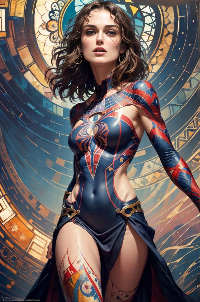 keira knightley、Sticking out the navel、newyork、She wears a torn Spider-Man suit,wearing skirt、abstract photorealistic、artistic、Alphonse Mucha's painting(​masterpiece、top-quality、hight resolution:1.4)、detaileds、intricate-detail、4K、color splashes、line-drawing、Fibonacci、