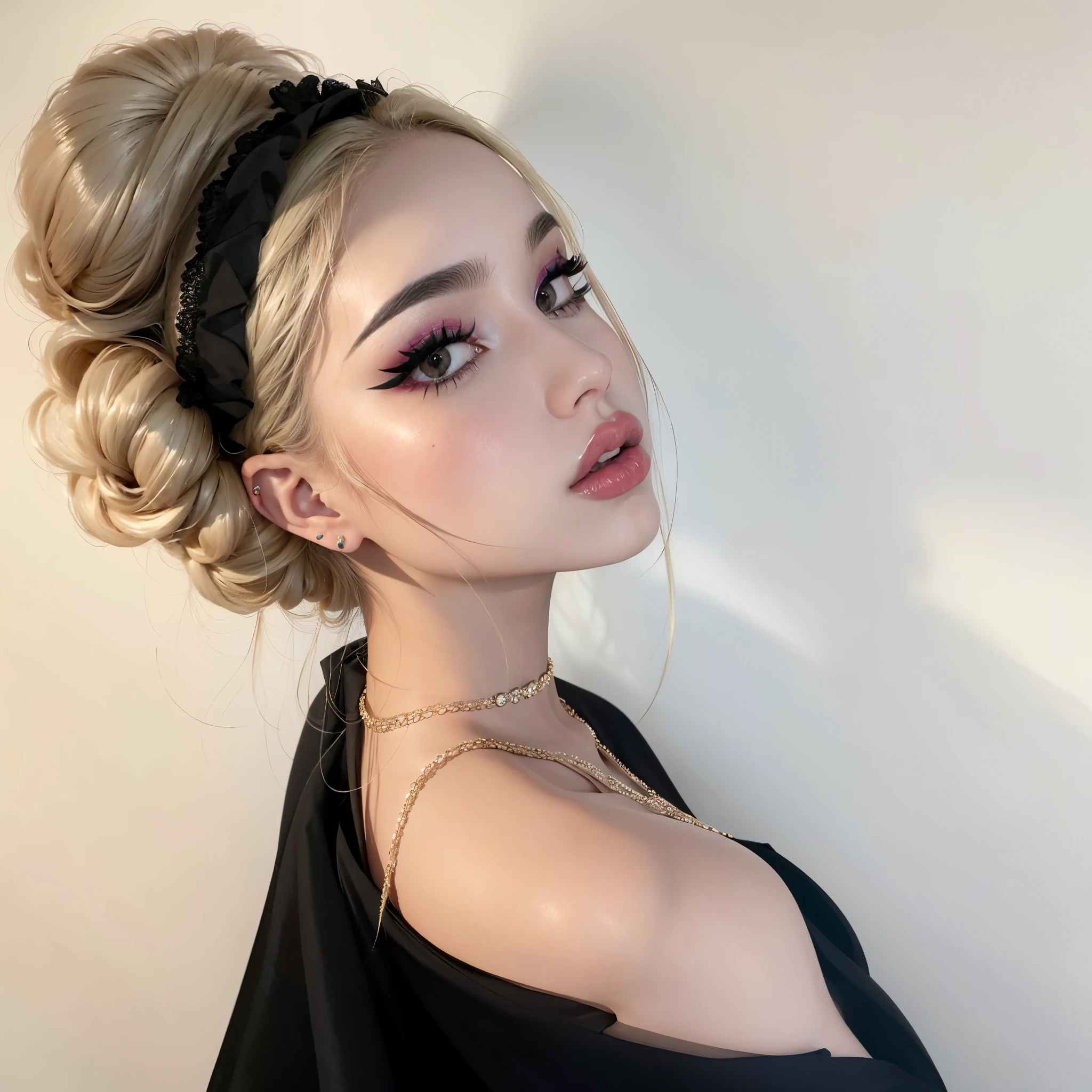Mujer rubia con un vestido negro y una diadema negra., Ava Max, Retrato de Kim Petras, Aspecto sensual, Dasha Taran, Yelena Belova, Imagen de perfil, Anna Nikolanova aka Newmilky, labios sexys :5 con estilo, Girl with messy bun hairstyle, cabello glam, Estilo de maquillaje pop, Foto de perfil, Belleza asombrosa, mirando hacia un lado