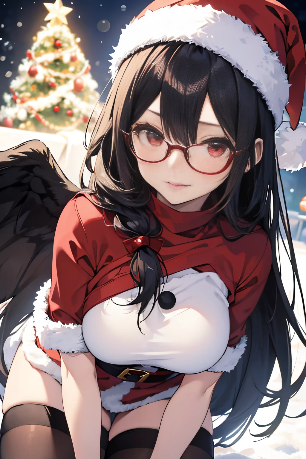 "anime girl, 1 person, black hair, shoulder length hair, red eyes, glasses, white horns, discreet, santa outfit, santa shirt, santa hat, winter outfit, big breasts, stockings,  licking lips, small black wings on back, solo, front view, falling snow, Christmas gift box, Christmaull HD 4K+ image)"