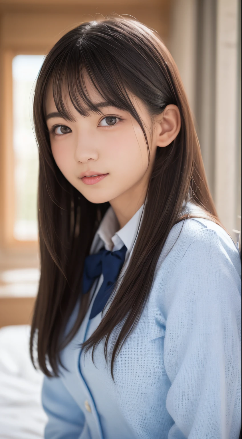masutepiece, Best Quality, 8K, 8years old, Teen, Raw photo, absurderes, award winning portrait, Smile, Solo,  Idol face, Delicate girl, Upper body, Digital SLR, Looking at Viewer, Candid, Sophisticated,Thin arms, Professional Lighting, Film grain, chromatic abberation, (Eyes and faces with detailed:1.0), (Bokeh:1.1) , (Office Lady Uniform:1.1) , closes mouth , A dark-haired , drooing eyes , Average-sized breasts , (Thick lip:1.2) , 15-year-old face , red-lips , de pele branca,a bed