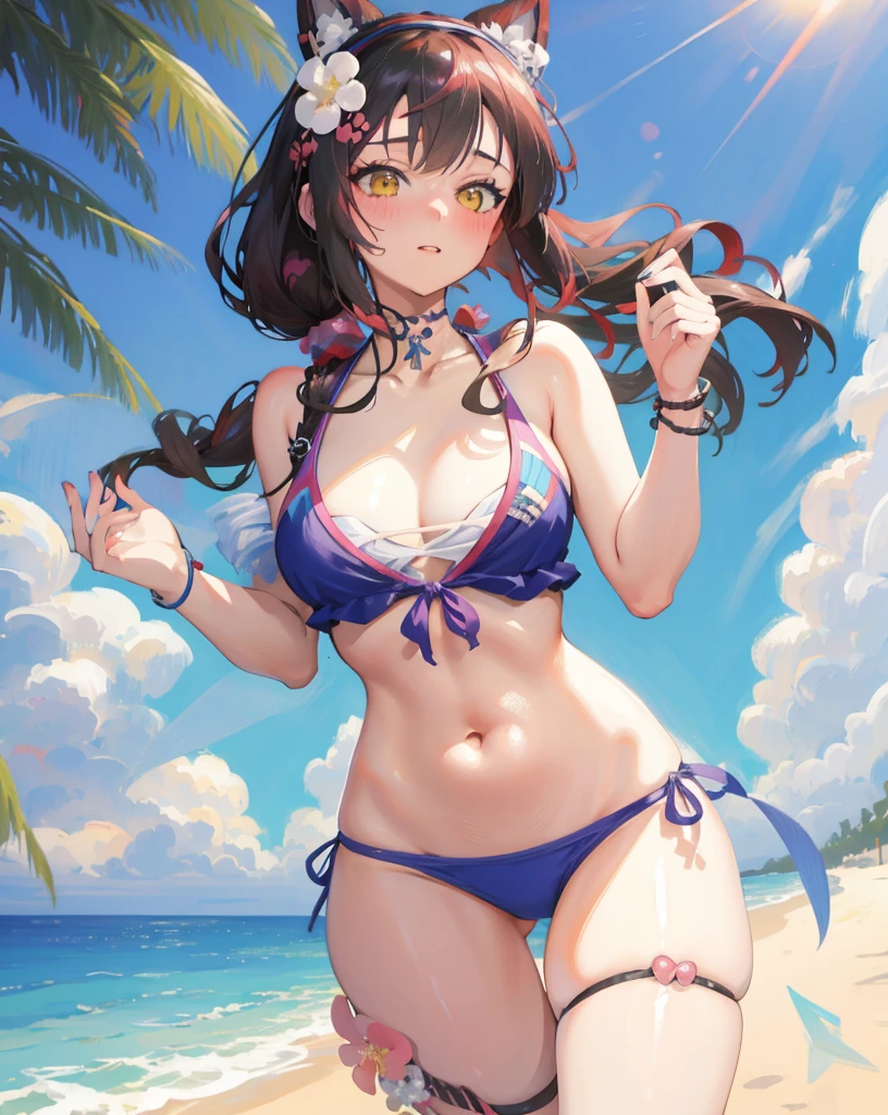 A woman wearing a bikini and a headband stands on the beach, of anime girls, oppai, realistic bikini, Oppein Proportions, beautiful attractive anime woman, | The anime details are exquisite, On the sandy beach, on a sunny beach, thicc, On the beach, small curvaceous , (animemanga girl), biomechanical oppai, attractive anime girls, in a bikini