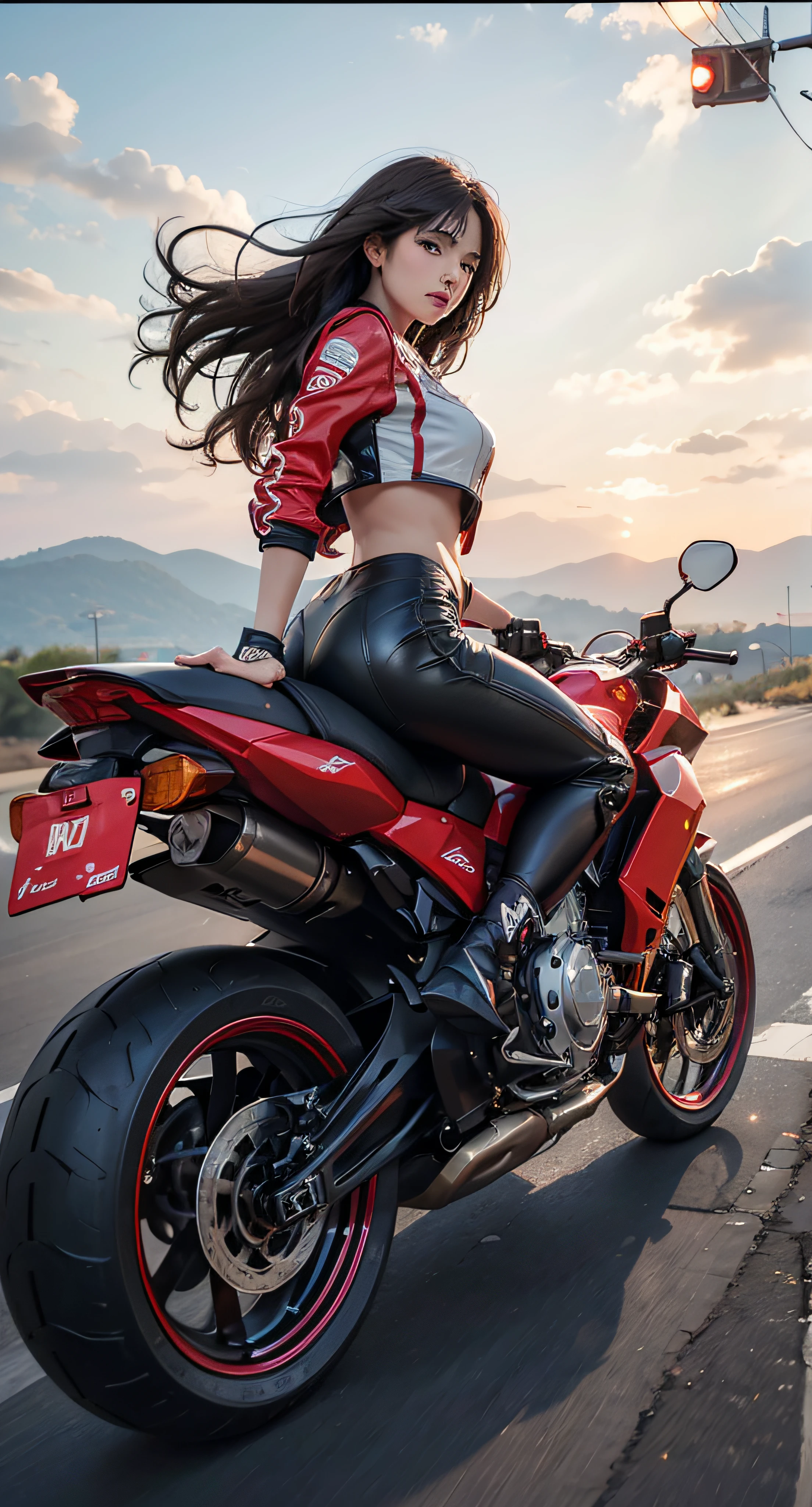 (best quality,4k,high resolution), High-level image quality、Pixels de alta qualidade、Resolution above、Mulher motociclista pilotando motocicleta na estrada nacional、Jaqueta vermelha de cavaleiro intrincadamente decorada、Navel Ejection、tight leather pants、cinto transversal、Cabelo longo com destaques vermelhos no cabelo preto、Red Metallic Drift Bike、Expresses a feeling of speed and dynamism、Realistic representation with delicate details、olho afiado、Full Body Projection