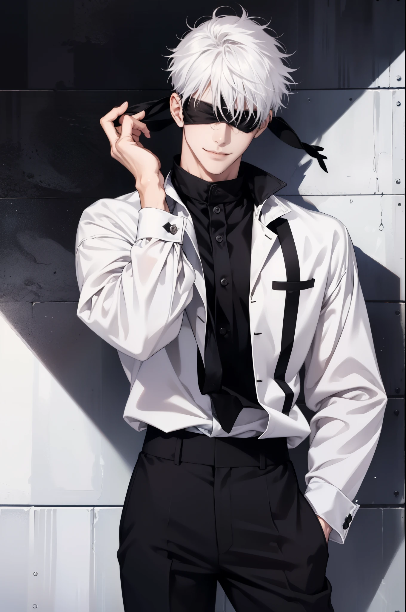 1boy,solo,blindfold,male focus,white hair,short hair,cowboy shot,pants,black pants,hand in pocket,long sleeves,black jacket,jacket,black blindfold,closed mouth,arm up,covered eyes,smile,bangs,standing,hand up,twitter username,