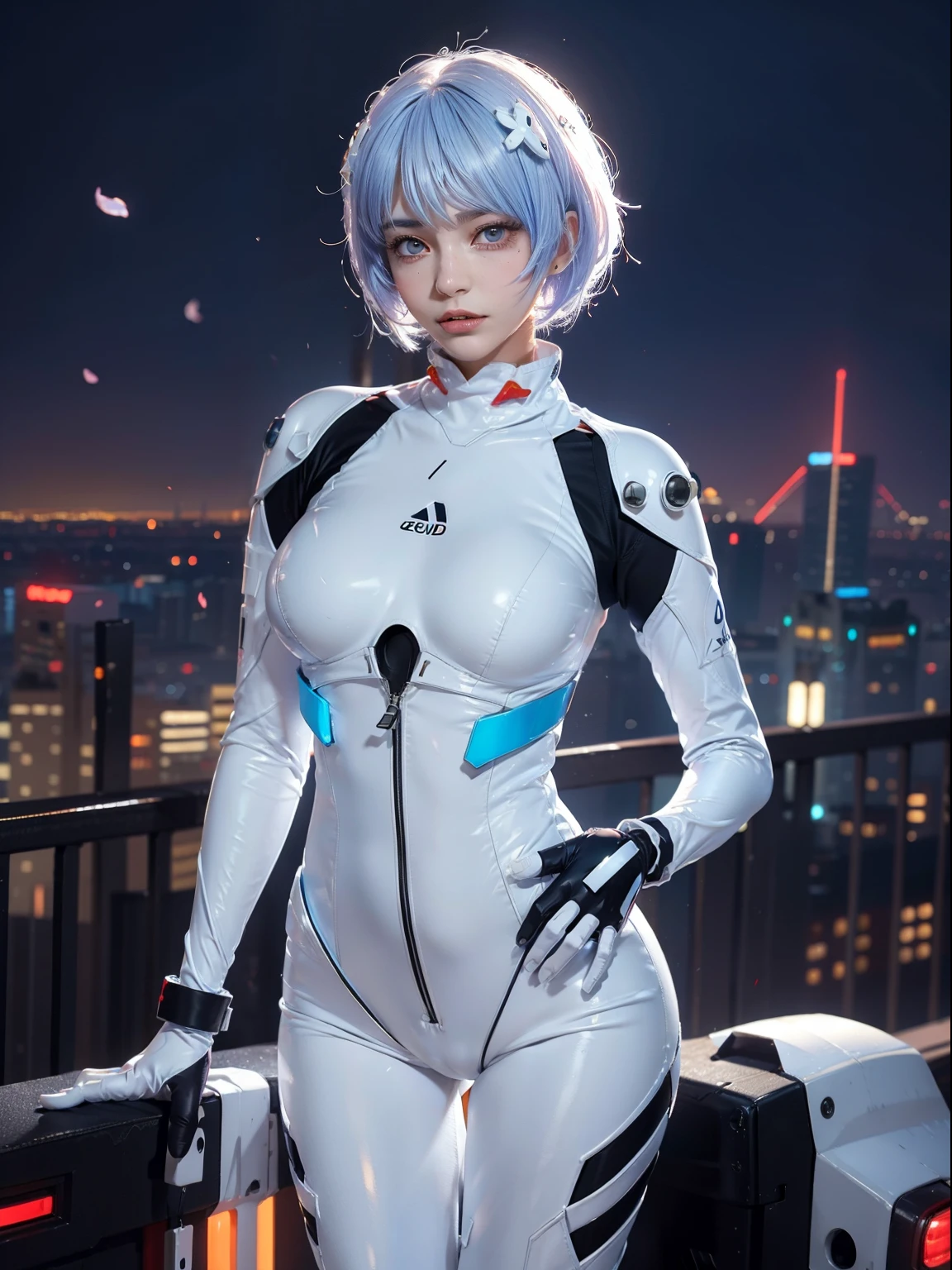 (actual, realisticlying), ayanami_beautiful, 1个Giant Breast Girl, blue short hair, white hair ornament, ((White jumpsuit, mitts)), upper legs, The upper part of the body,(cow boy shot),(tmasterpiece, high qulity, Best quality at best), (Colorful),(delicate eyes and face), volumettic light, Ray traching, extremely detaild的 CG unified 8k wallpapers,Alone((Fly petals)),Outdoor activities, ((cyber punk perssonage)), Digital City, ((neon trim)), the night,(view over city),