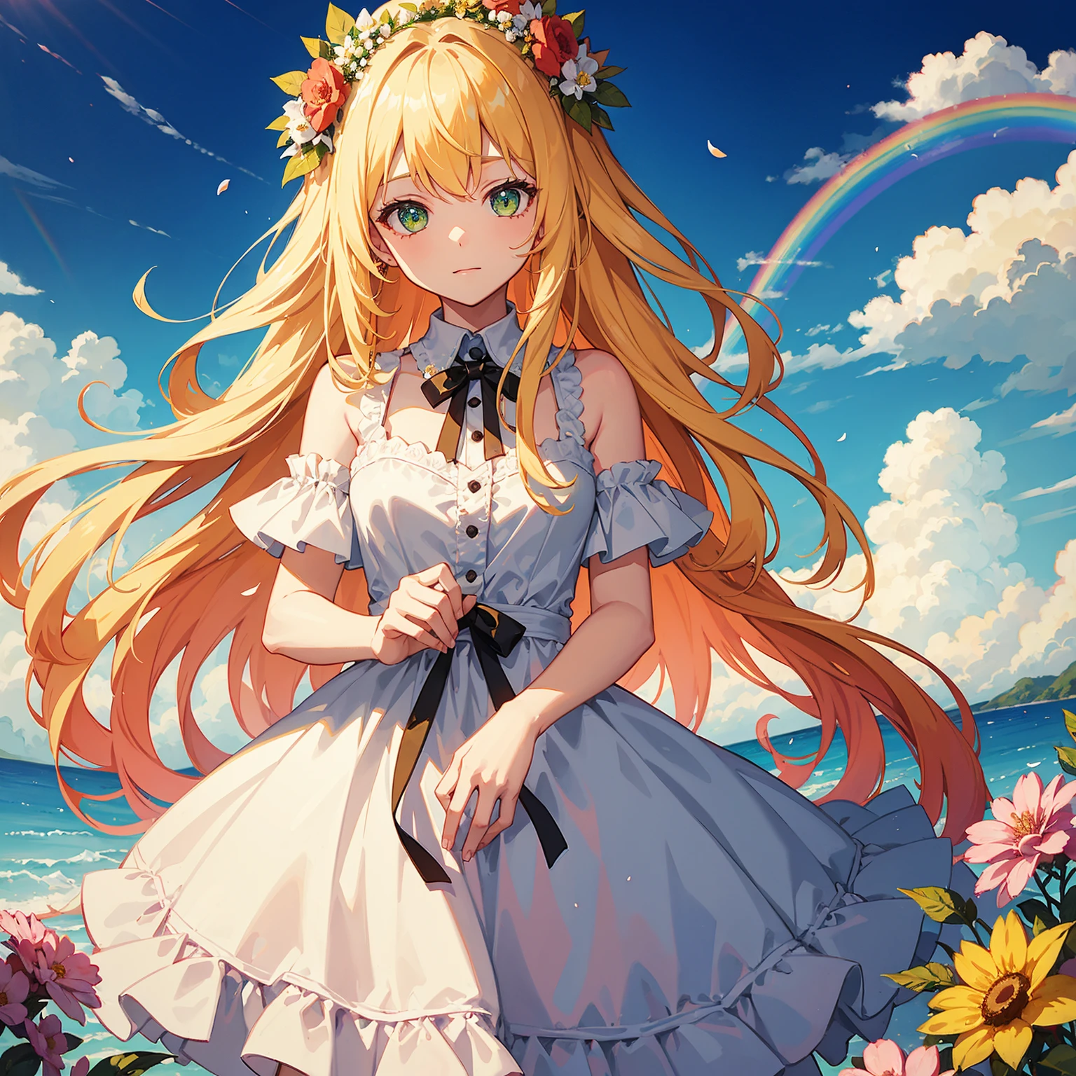 1 girl,,long blonde hair with rainbow colored hair,flower wreath,wearing a white dress with rainbow colored ends,watercolor,green eyes