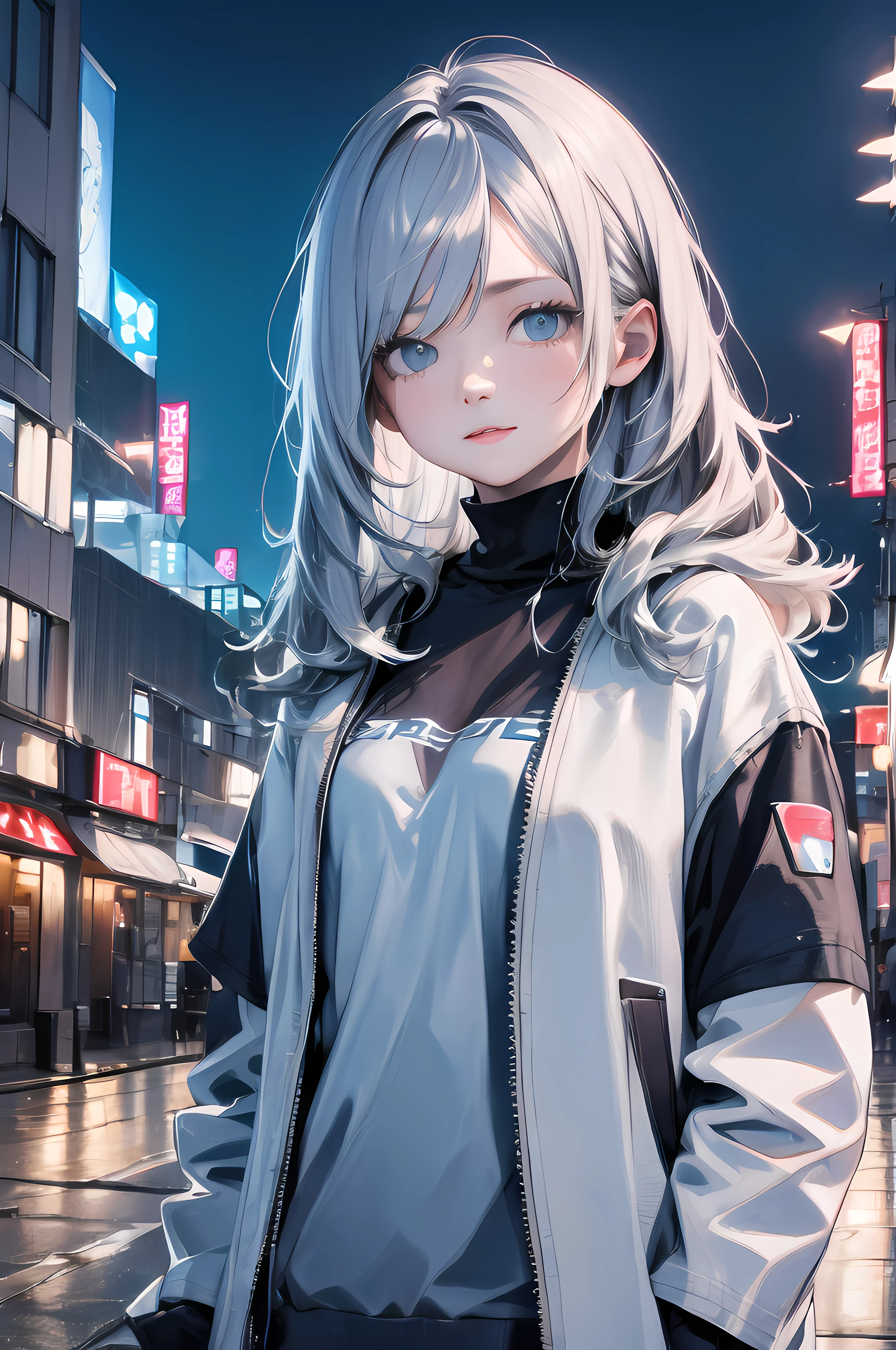 (exceptional, best aesthetic, new, newest, best quality, masterpiece, extremely detailed, anime, waifu:1.2)
BREAK
1girl, solo, silver hair, blue eyes, white jacket, street, night, neon lights