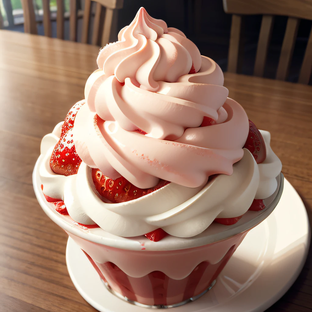 strawberry cream sundae, Photorealistic, mouthwatering