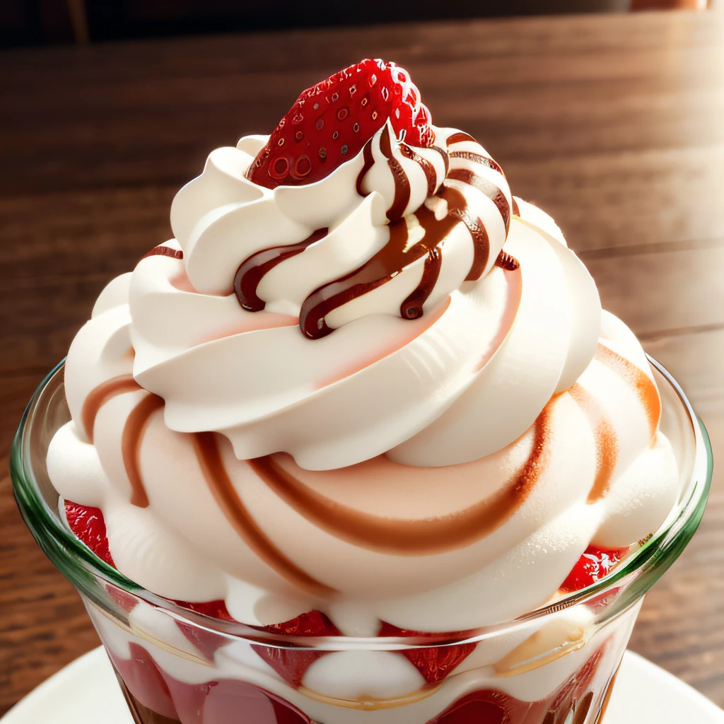 strawberry cream sundae, Photorealistic, mouthwatering