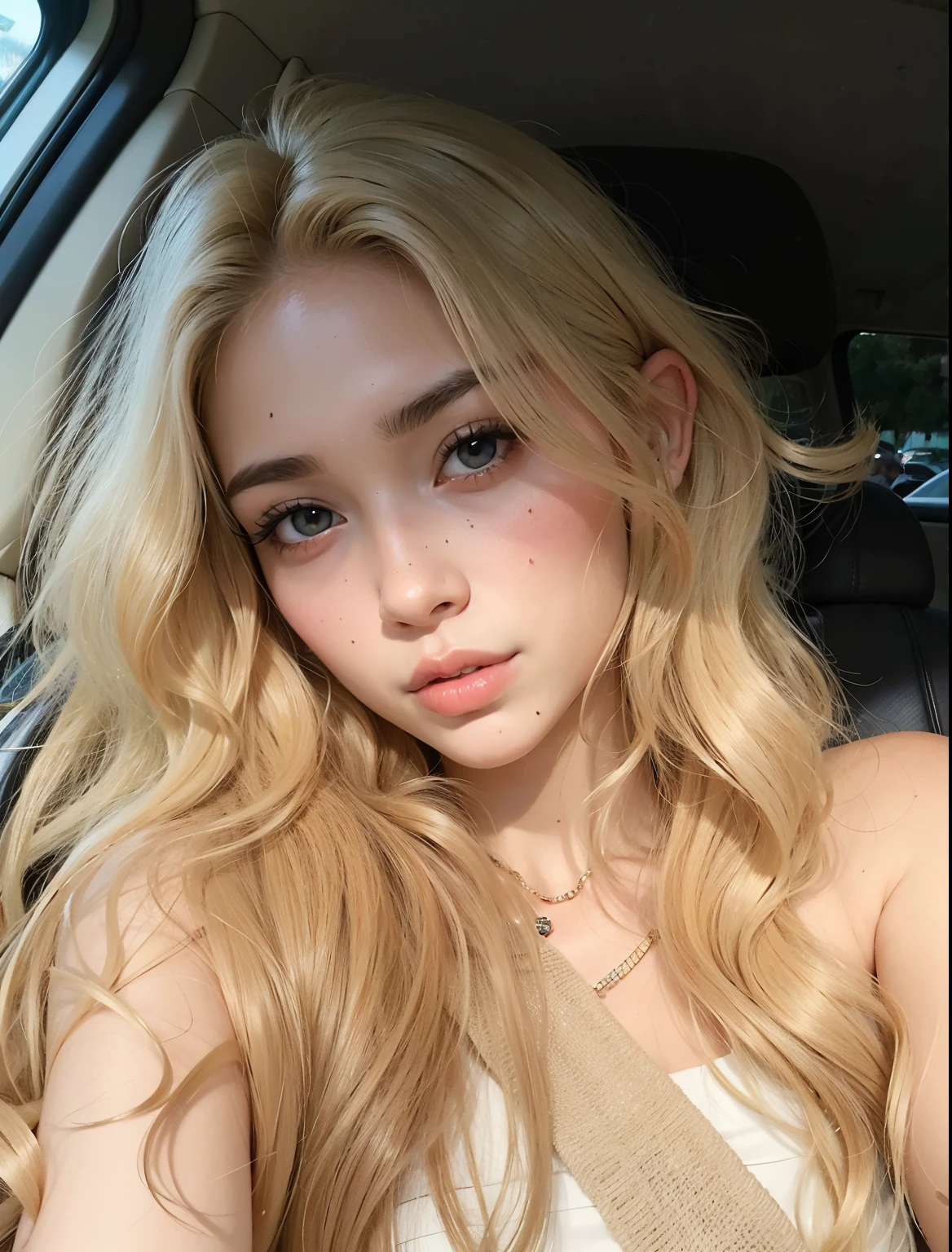 Mulher de cabelos loiros com cabelo longo sentada em um carro, longos cabelos loiros e olhos grandes, rosto extremamente bonito, longos cabelos loiros e olhos grandes, pale skin curly blond hair, cara muito bonita, menina loira bonita, uma menina com cabelo loiro, cabelos loiros e olhos grandes, rosto perfeito ), lindo modelo jovem, lindo rosto delicado, menina jovem bonita, com longos cabelos loiros