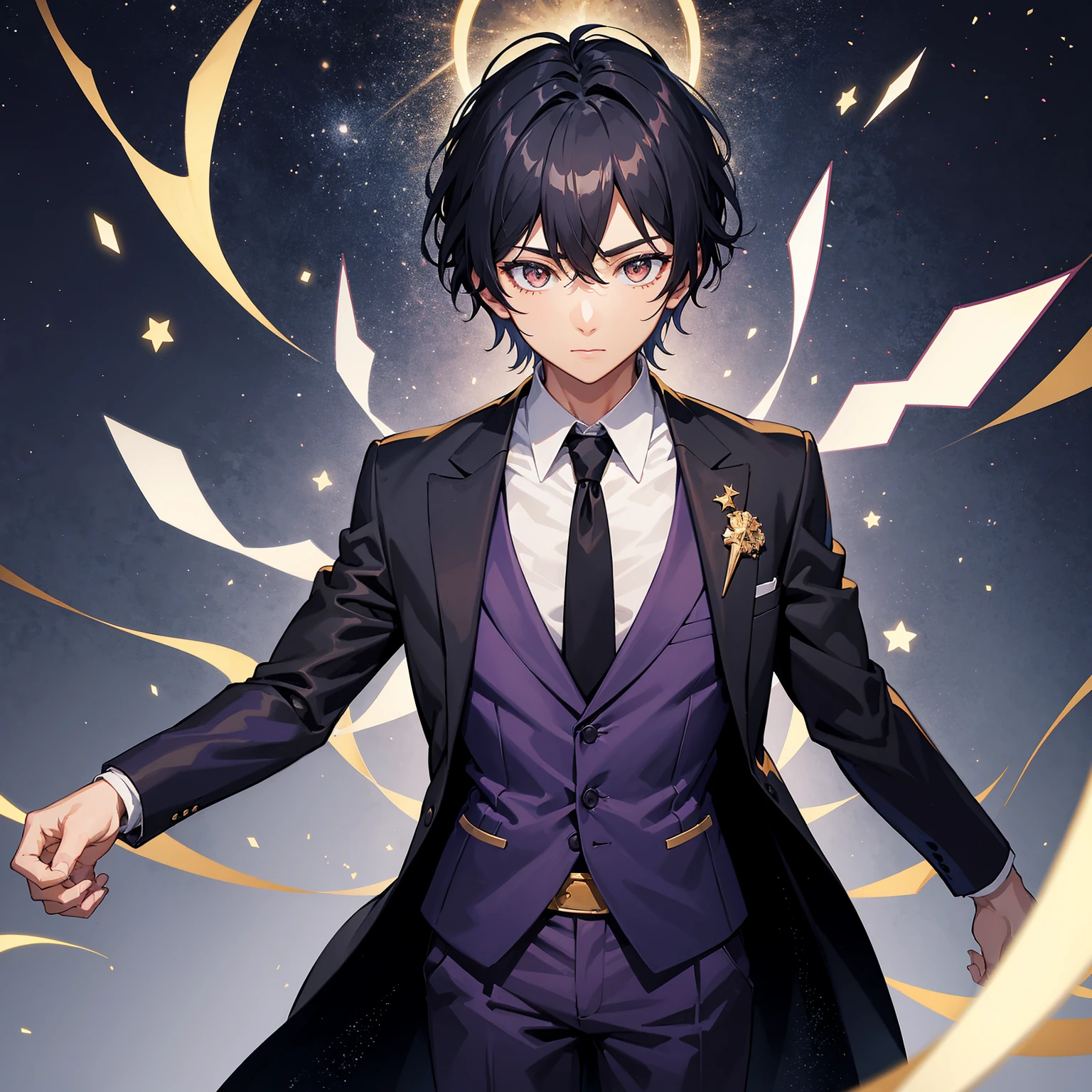 1 boy,black hair,golden eyes,dark skin,wearing an amethyst purple piece suit(with stars shining at the end of the suit coat),star filled sky background
