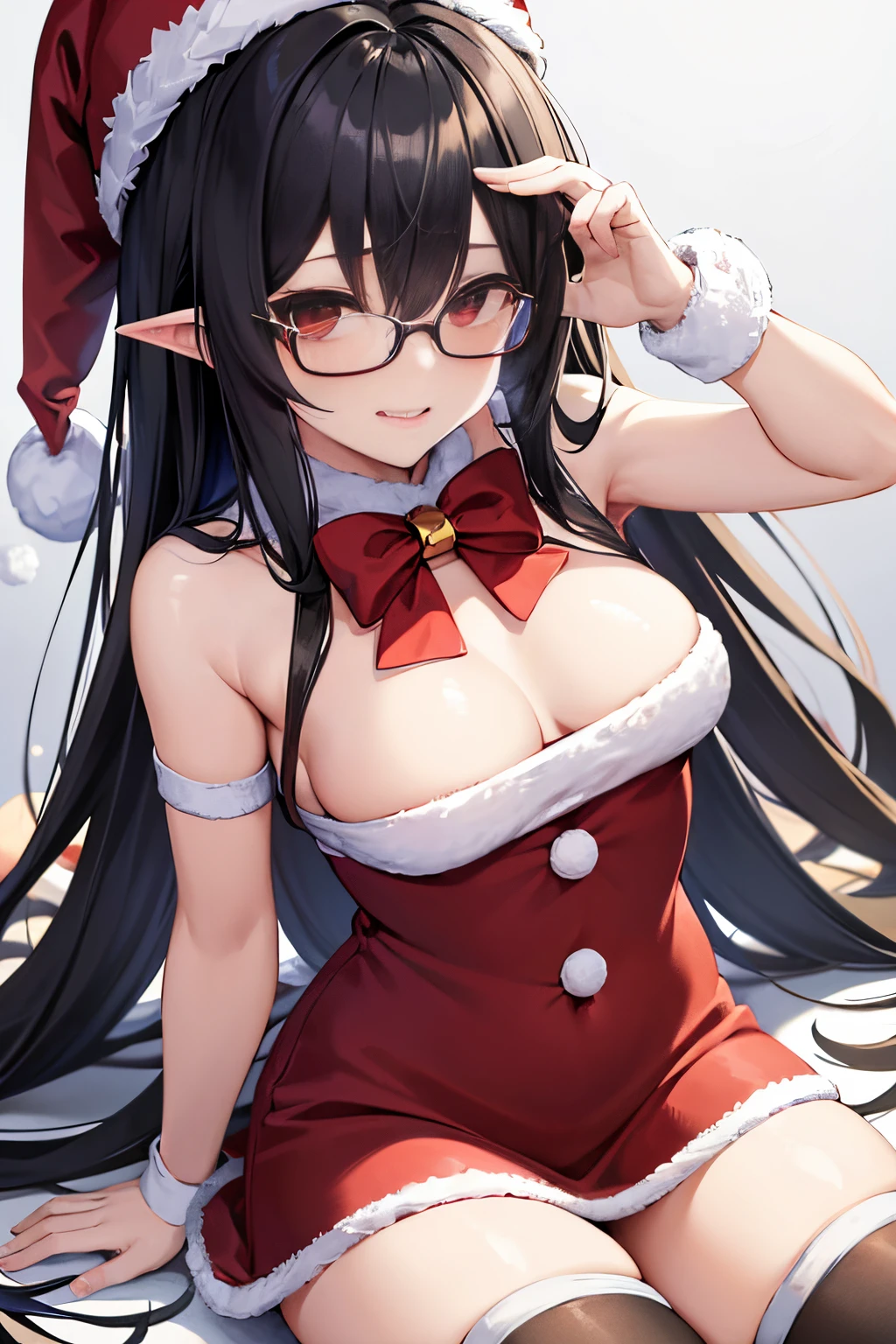 "anime girl, 1 person, black hair, shoulder length hair, red eyes, glasses, white horns, discreet, santa outfit, santa shirt, santa hat, winter outfit, big breasts, stockings,  licking lips, small black wings on back, solo, front view, falling snow, Christmas gift box, Christmaull HD 4K+ image)"