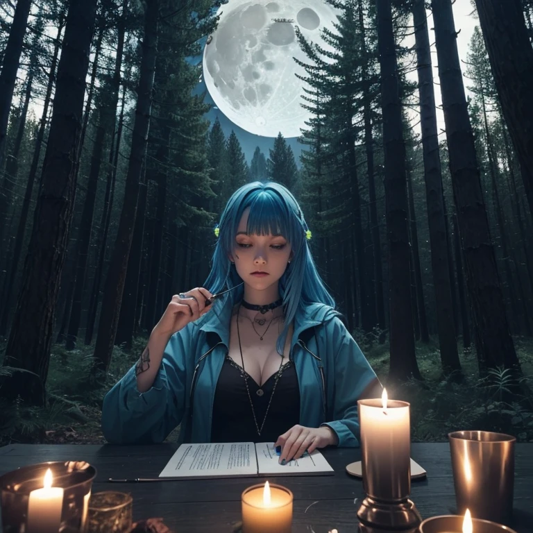 witchy looking girl with blue hair rolling up some weed in a joint, she’s in a forest, candles around her, the moon is in the sky in the distance