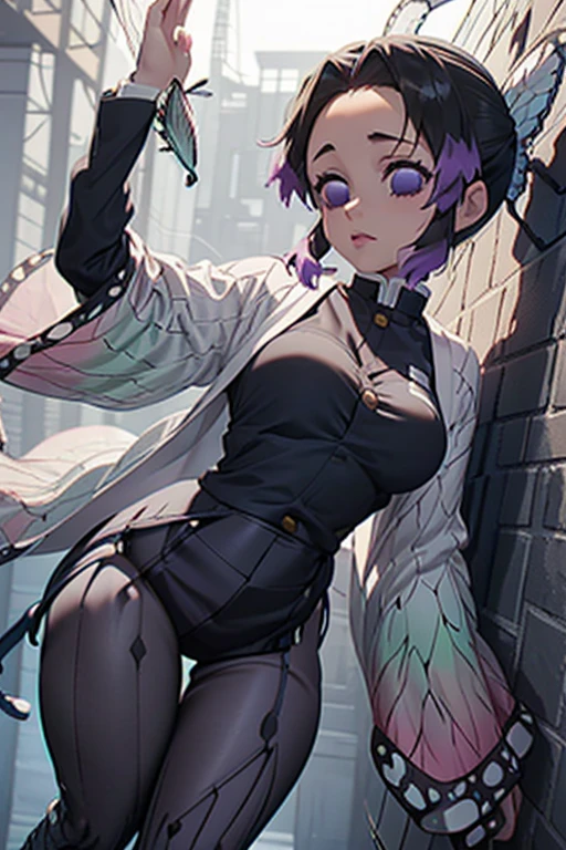 top-quality、masuter piece、Beautuful Women、1girl in、Surreal、kochou shinobu、Holding a knife by the wall、Kunoichi's costume、((fishnet tights:1.5))、dishevled hair、Sweat on the forehead、Voluptuous thighs、Frowned eyebrows、tense look、Ripped clothes、looking sideways、The camera is from the bottom、perfect hands perfect fingers perfect breasts perfect hair perfect face perfect body