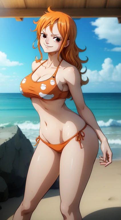 ((masterpiece)), ((best quality)), (detailed), perfect, solo, princess daisy, gorgeous woman with orange bikini, crown, luscious lips, redhead, short hair, huge breast, deep cleavage, huge booty, sexy, lying down