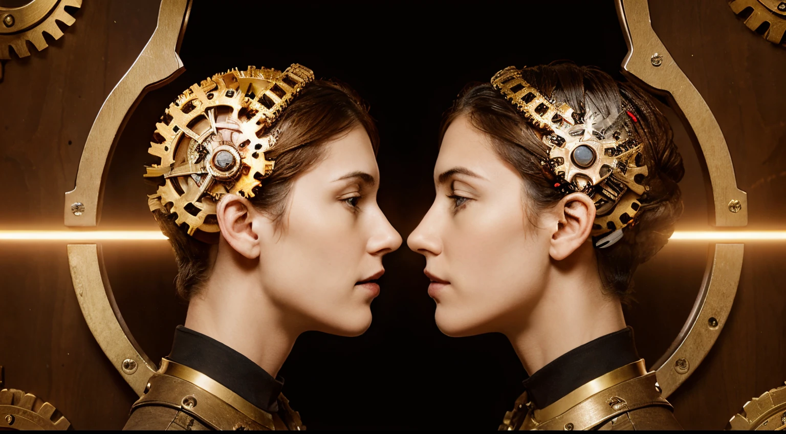 Teamwork and Leadership with education symbol represented by two human heads shaped with gears with red and gold brain idea made of cogs representing the concept of intellectual communication through technology exchange.