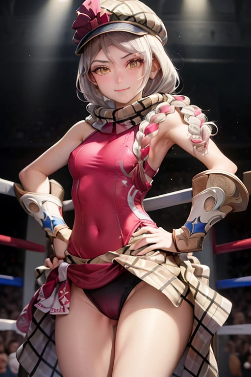 (masterpiece, best quality:1.2), cowboy shot, solo, 1girl, framme, smile, closed mouth, looking at viewer, hand on hip, hat, sleeveless, pelvic curtain, bike shorts, gloves, ((Tight leotard)), ((sexy pose)), ((Wrestling ring))