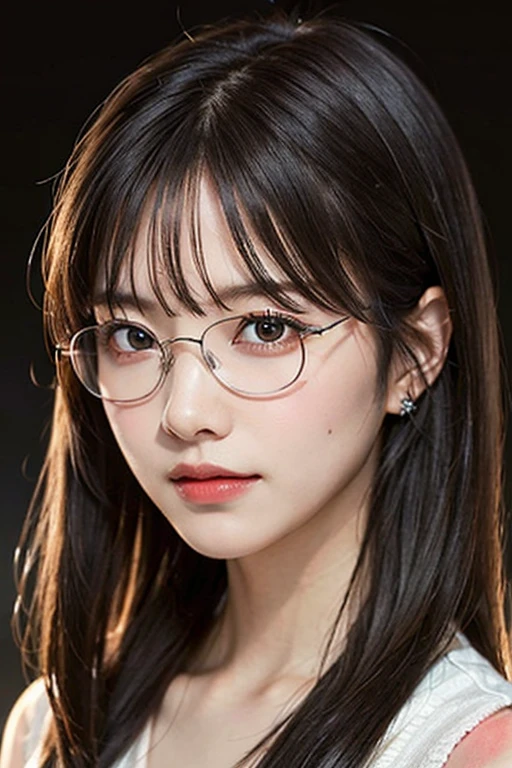 masutepiece, masutepiece, of the highest quality, Best Quality, Realistic, Unity, 8K Wallpaper, Official art, Very detailed CG Unity 8K wallpaper, (Realistic: 1.4), a 18 year old girl、A slight smil、Super Detail, Black-rimmed glasses、High resolution, Super Detail, amazing, Fine detail , Film Lighting, (brown|Black hair:1.4), Long Hair, (Reality Skin:1.2), (Crystal clear beautiful skin:1.0), Beautiful details, Eyes and face are very detailed, Beautiful eye details, Huge file size, ultra detailed and beautiful, Dark eyes, Model Shot Style,