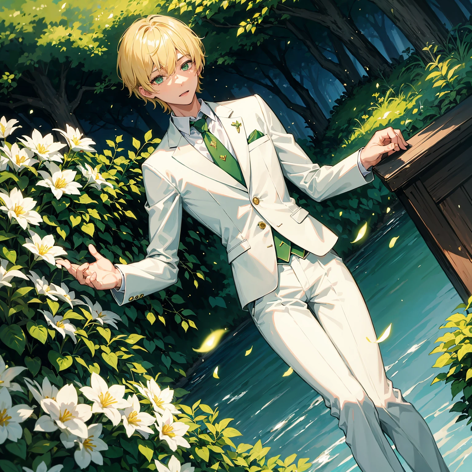 1 boy,short blonde hair,glowing emerald eyes,wearing a white and green 3 piece suit,garden background,daytime