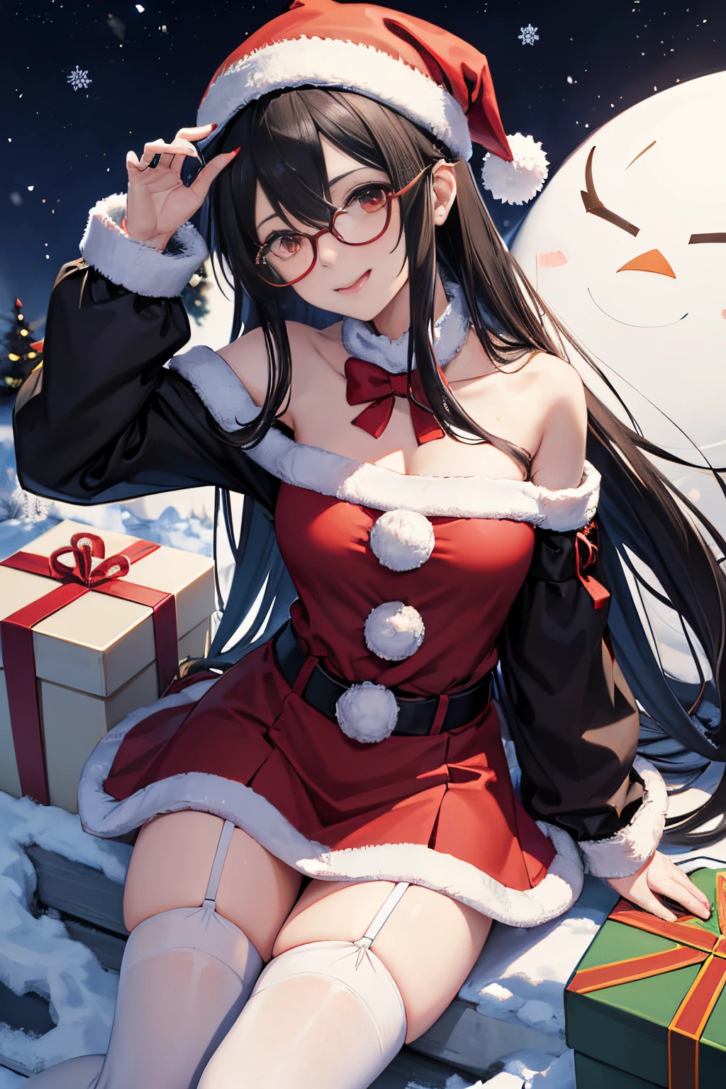"anime girl, 1 person, black hair, shoulder length hair, red eyes, glasses, white horns, discreet, santa outfit, santa shirt, santa hat, winter outfit, big breasts, stockings, licking lips, small black wings on back, solo, front view, falling snow, Christmas gift box, Christmaull HD 4K+ image)"