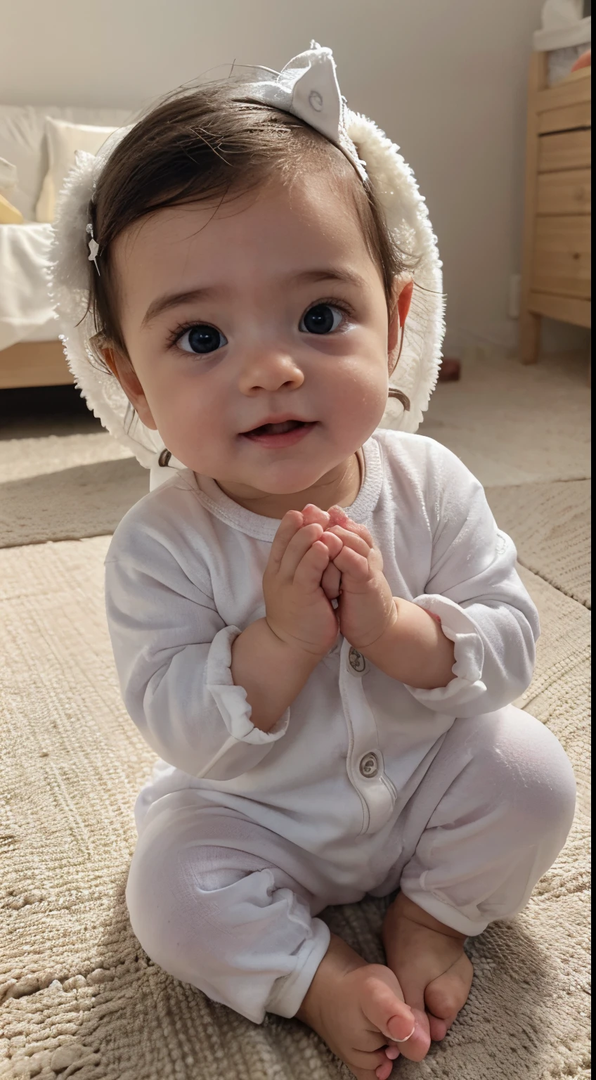 fundo brilhante, a single baby angel, hands in prayer position, ternura, cute baby face, Two month old baby angel, Asas de Anjo Pequenas, vestindo um Onesie, nas nuvens, Facing the camera, 8k, ultra realistic