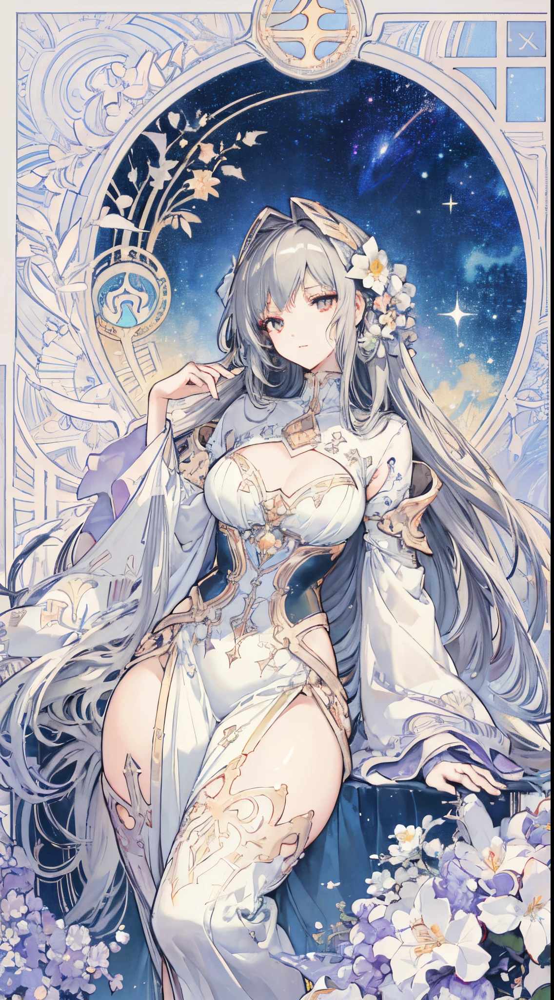 (thick thighs), (Curvy), Sexy, (Gray Hair), (Orange Eyes,) (Glowing Eyes,) 1 girl, Pale Skin, (Two-Tone Eyes), Eyelashes, Smile, Gleaming Skin, Shiny Hair, Long Hair, looking at you, anime, beautiful anime eyes, beautiful detailed eyes, eyes, glittering eyes, (Neon),(White Fencing Outfit, Detailed Outfit), Angelic, Halo, Flowers, (Galaxy, cloud, Starry, stars,colorful), (Sleepy Eye), Decorative panels， abstract artistic， Alphonse Mucha （masterpiece， best quality， A detailed， Complicated details， 4K， Color splattering， Line art， Fibonacci， （tarot cards），Cards, Slim card border