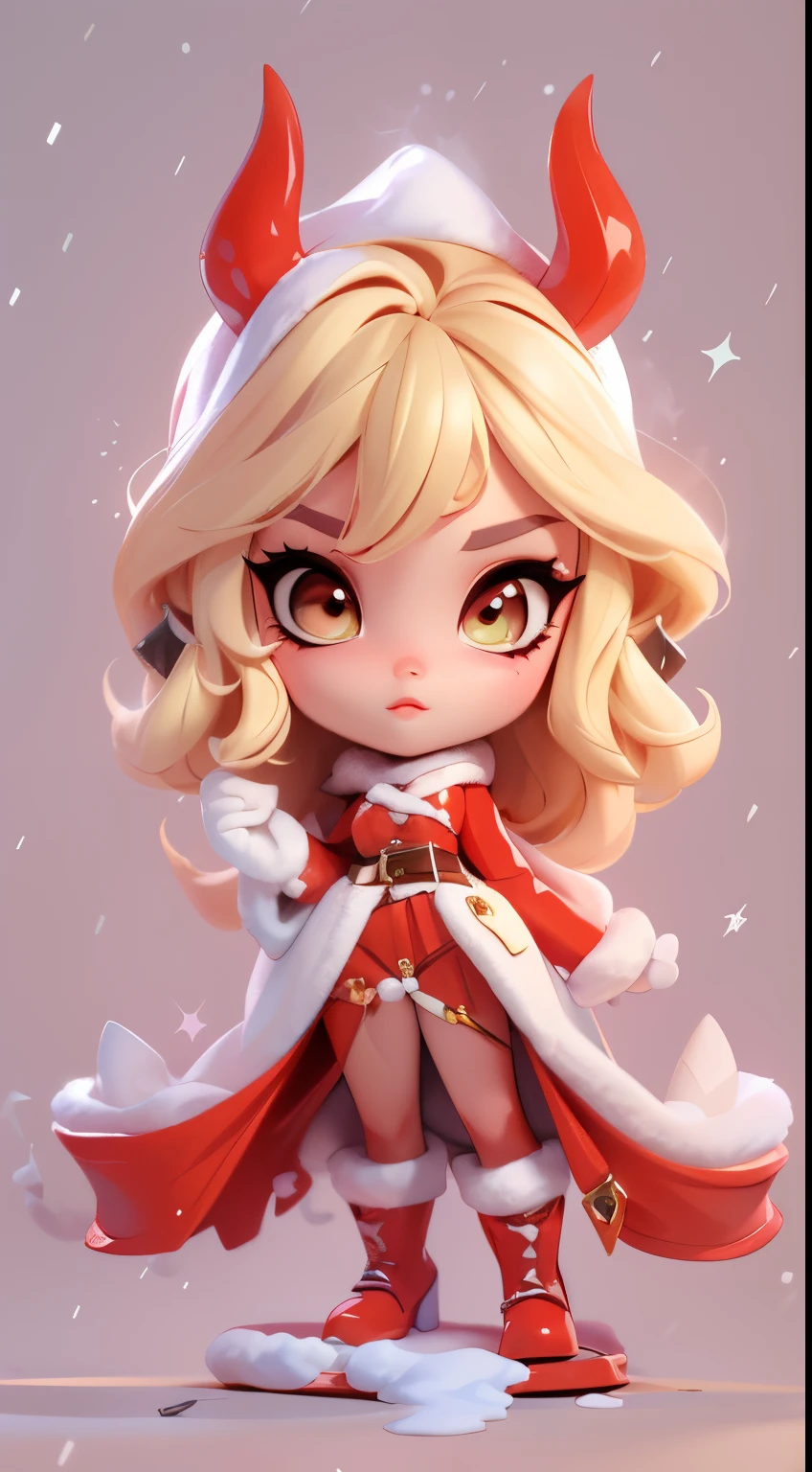 (Blind box toy style, Western cartoon Q version, 1 beautiful female succubus head,, red Santa Claus costume, blonde hair, snow),Cute full body portrait, slender figure standing, cartoon character, medieval, 3D rendering, symatic lighting, ray tracing