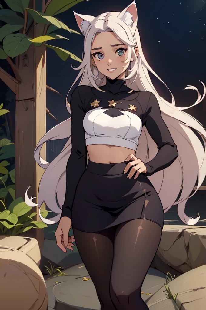 foto de corpo inteiro,cat ears on the head of a beautiful young woman wearing a short skirt, usando meias preta longas e sueterpreto apertado ,corpo inteiro na foto,floresta a noite varias luzes,belas coxas, coxas lindas belhos olhos escuros detalhados, sueter branco apertado,maio apertado , tight pantyhose, mini saia , ceu limpo a noite com estrelas numa floresta a noite,short curto linda jovem, olhos sedutores feminino.CABELO CURTO PRETO((CABELOS CURTO PRETO)) sorriso