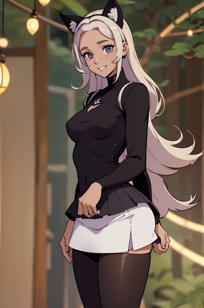 foto de corpo inteiro,cat ears on the head of a beautiful young woman wearing a short skirt, usando meias preta longas e sueterpreto apertado ,corpo inteiro na foto,floresta a noite varias luzes,belas coxas, coxas lindas belhos olhos escuros detalhados, sueter branco apertado,maio apertado , tight pantyhose, mini saia , ceu limpo a noite com estrelas numa floresta a noite,short curto linda jovem, olhos sedutores feminino.CABELO CURTO PRETO((CABELOS CURTO PRETO)) sorriso