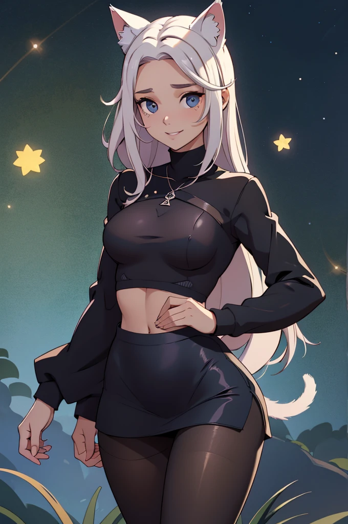 foto de corpo inteiro,cat ears on the head of a beautiful young woman wearing a short skirt, usando meias preta longas e sueterpreto apertado ,corpo inteiro na foto,floresta a noite varias luzes,belas coxas, coxas lindas belhos olhos escuros detalhados, sueter branco apertado,maio apertado , tight pantyhose, mini saia , ceu limpo a noite com estrelas numa floresta a noite,short curto linda jovem, olhos sedutores feminino.CABELO CURTO PRETO((CABELOS CURTO PRETO)) sorriso