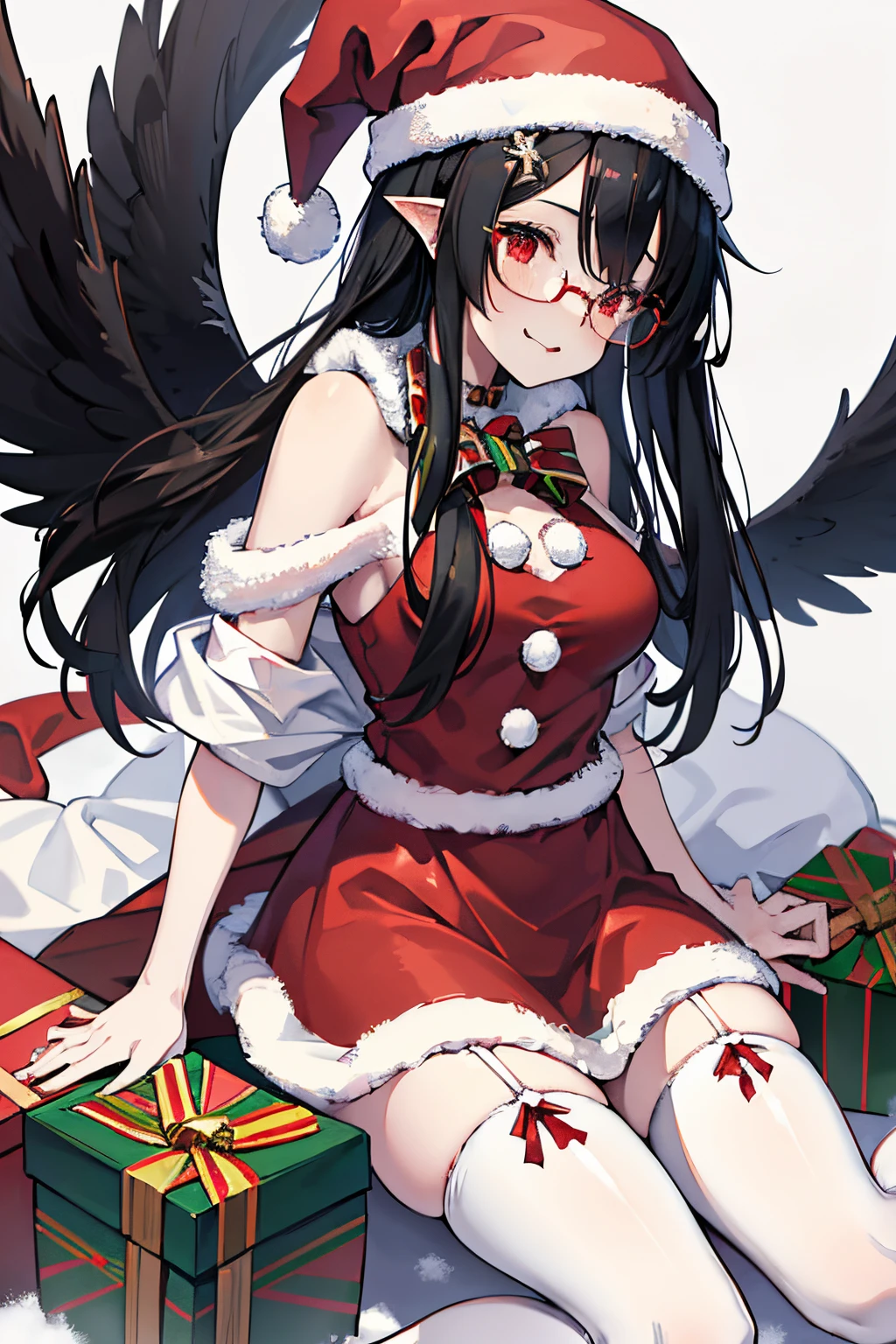 "anime girl, 1 person, black hair, shoulder length hair, red eyes, glasses, white horns, discreet, santa outfit, santa shirt, santa hat, winter outfit, big breasts, stockings,  licking lips, small black wings on back, solo, front view, falling snow, Christmas gift box, Christmaull HD 4K+ image)"