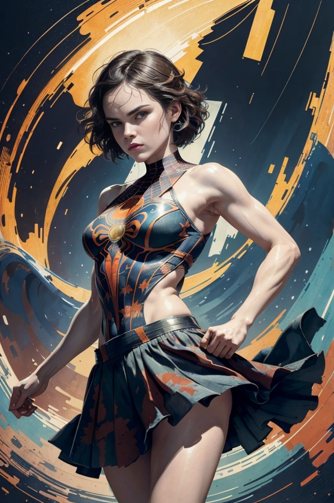 Daisy Ridley、Sticking out the navel、newyork、She wears a torn Spider-Man suit,wearing skirt、abstract photorealistic、artistic、Alphonse Mucha's painting(​masterpiece、top-quality、hight resolution:1.4)、detaileds、intricate-detail、4K、color splashes、line-drawing、Fibonacci、