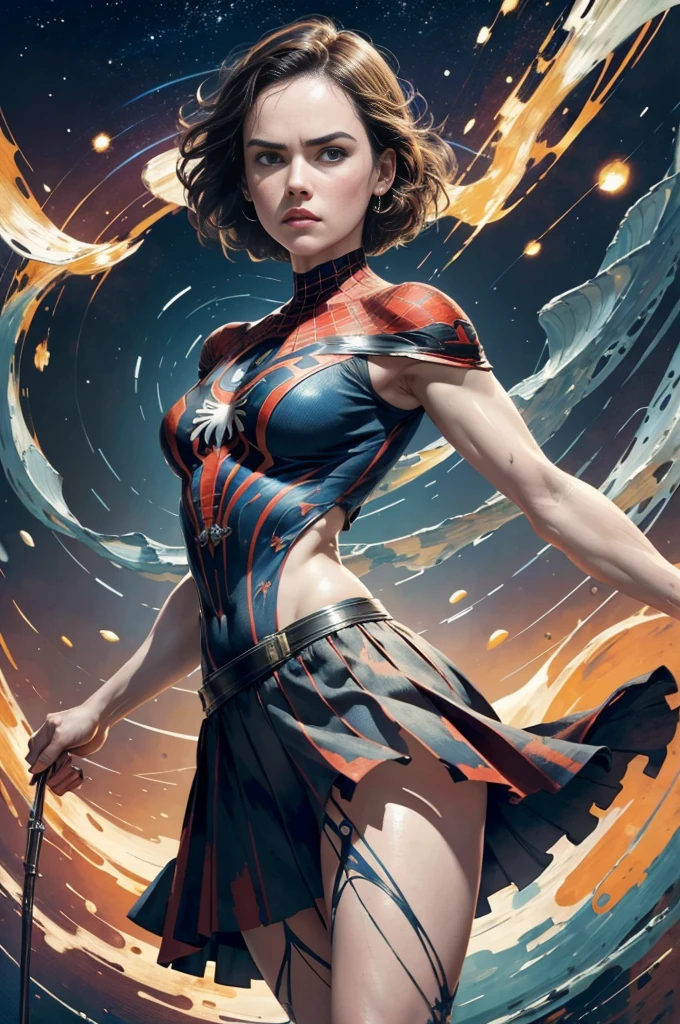 Daisy Ridley、Sticking out the navel、newyork、She wears a torn Spider-Man suit,wearing skirt、abstract photorealistic、artistic、Alphonse Mucha's painting(​masterpiece、top-quality、hight resolution:1.4)、detaileds、intricate-detail、4K、color splashes、line-drawing、Fibonacci、