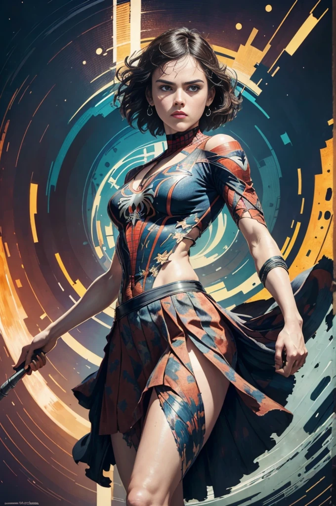 Daisy Ridley、Sticking out the navel、newyork、She wears a torn Spider-Man suit,wearing skirt、abstract photorealistic、artistic、Alphonse Mucha's painting(​masterpiece、top-quality、hight resolution:1.4)、detaileds、intricate-detail、4K、color splashes、line-drawing、Fibonacci、