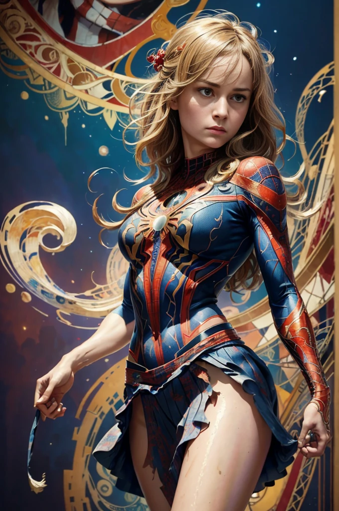 Brie Larson、Sticking out the navel、newyork、She wears a torn Spider-Man suit,wearing skirt、abstract photorealistic、artistic、Alphonse Mucha's painting(masterpiece、top-quality、hight resolution:1.4)、detaileds、intricate-detail、4K、color splashes、line-drawing、Fibonacci、