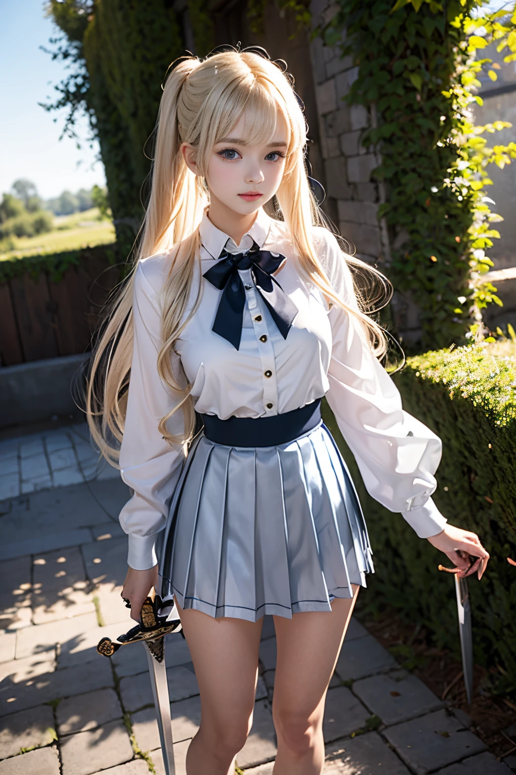 bright expression、poneyTail、Young shiny shiny white shiny skin、Best Looks、Blonde reflected light、Platinum blonde hair with dazzling highlights、shiny light hair,、Super long silky straight hair、Beautiful bangs that shine、Glowing crystal clear attractive big blue eyes、Very beautiful nice cute girl、Lush bust,Beautiful detailed eyes, beautiful detailed nose,(( Full body:1.25)),Makeup that the eyes emphasize、((Mini pleated skirt with many folds)),(Women like Joan of Arc)、s Armor、Knights, With a sword and shield,Royal style,Comic style, , Sub-surface scattering, ornate detail, nature backdrop, Hyper-realistic, Cinematic, Dramatic Lighting, masutepiece、(((Fight with a sword in both hands)))、fluffy hair、