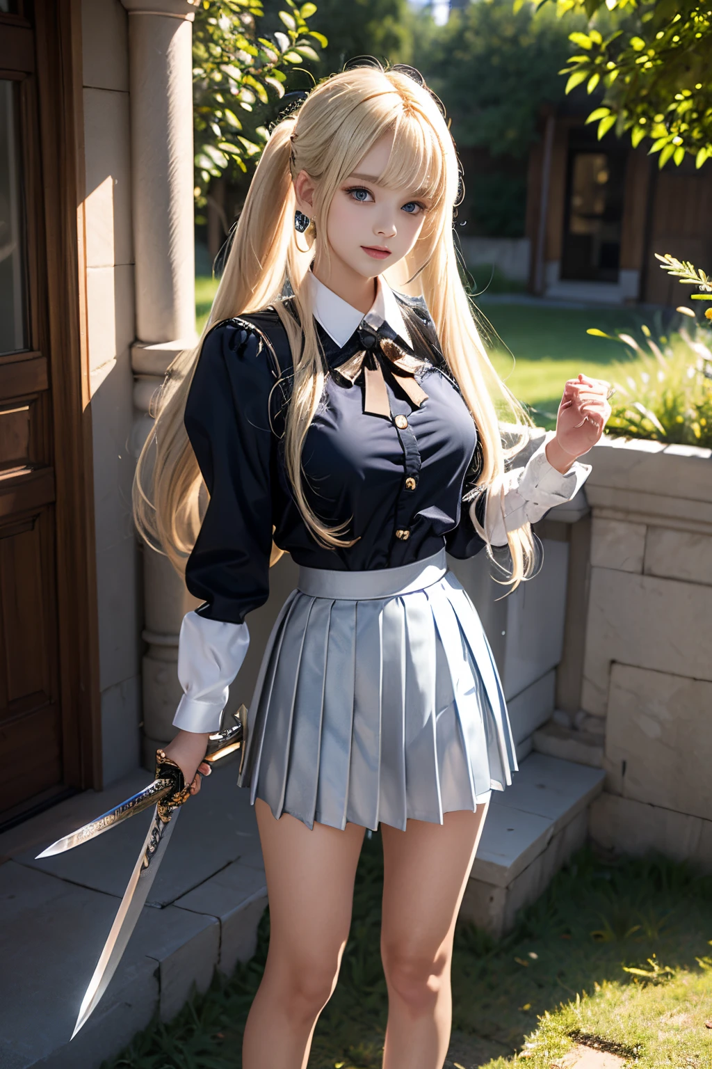bright expression、poneyTail、Young shiny shiny white shiny skin、Best Looks、Blonde reflected light、Platinum blonde hair with dazzling highlights、shiny light hair,、Super long silky straight hair、Beautiful bangs that shine、Glowing crystal clear attractive big blue eyes、Very beautiful nice cute 16 year old girl、Lush bust,Beautiful detailed eyes, beautiful detailed nose,(( Full body:1.25)),Makeup that the eyes emphasize、((Mini pleated skirt with many folds)),(Women like Joan of Arc)、s Armor、Knights, With a sword and shield，Royal style，Comic style, , Sub-surface scattering, ornate detail, nature backdrop, Hyper-realistic, Cinematic, Dramatic Lighting, masutepiece、(((Fight with a sword in both hands)))、fluffy hair、