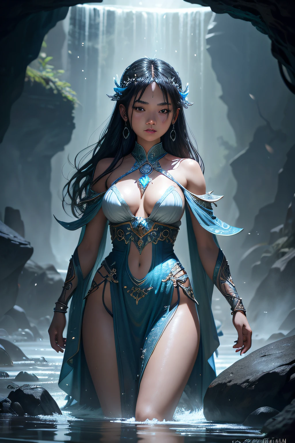 young teen girl, asian girl, water mage, sorceress, water diety, magical dress made out of water,  wearing magical jewels, controling all water around her, makes streams of water spin around her, ancient cave in background, sexi, small breasts, , highly detailed, vibrant appearance, creative behavior, extremly detailed, imaginative, sensual, spontaneous, highest quality, skin texture, intricate details, (cinematic lighting), RAW photo, 8k, masterpiece,best quality,ultra-detailed,very detailed illustrations,extremely detailed,intricate details,highres,super complex details,extremely detailed 8k cg wallpaper,